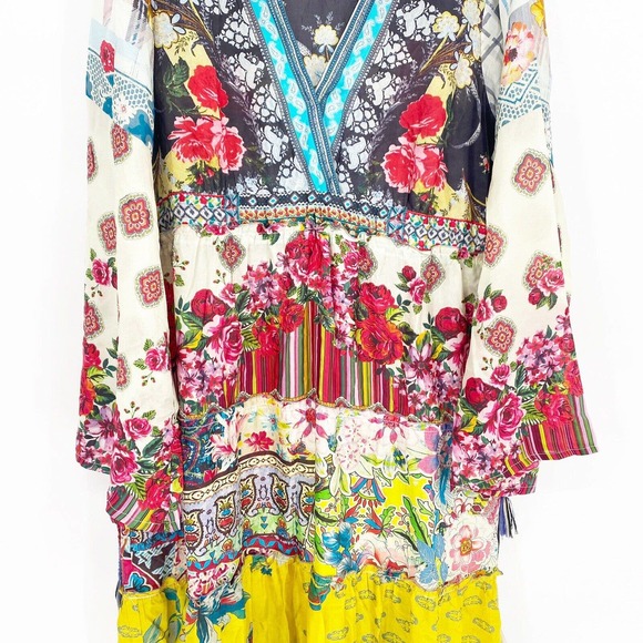 Johnny Was Dibble 100% Silk Maxi Dress XL Floral Long Sleeve Mixed Print Boho - Picture 4 of 5